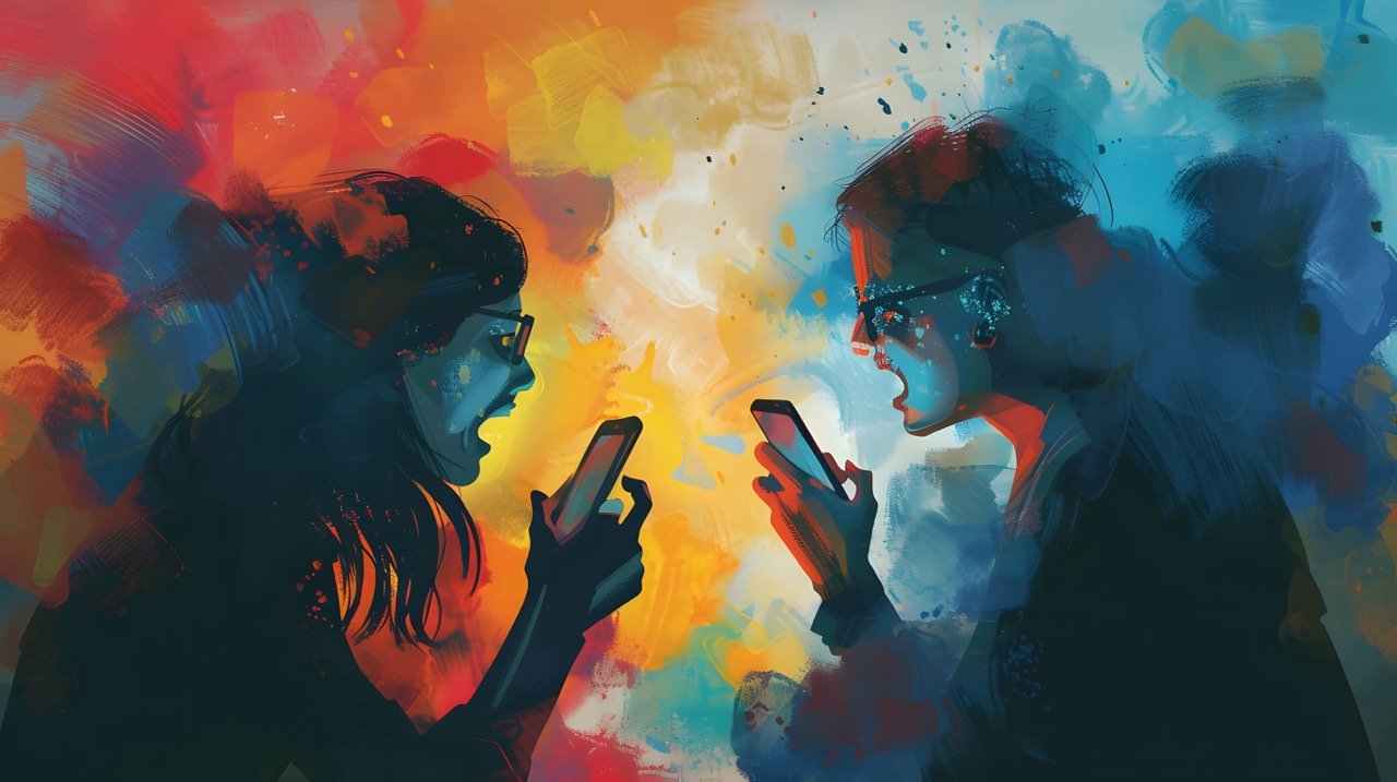 ludzie kłócący się za pomocą telefonów